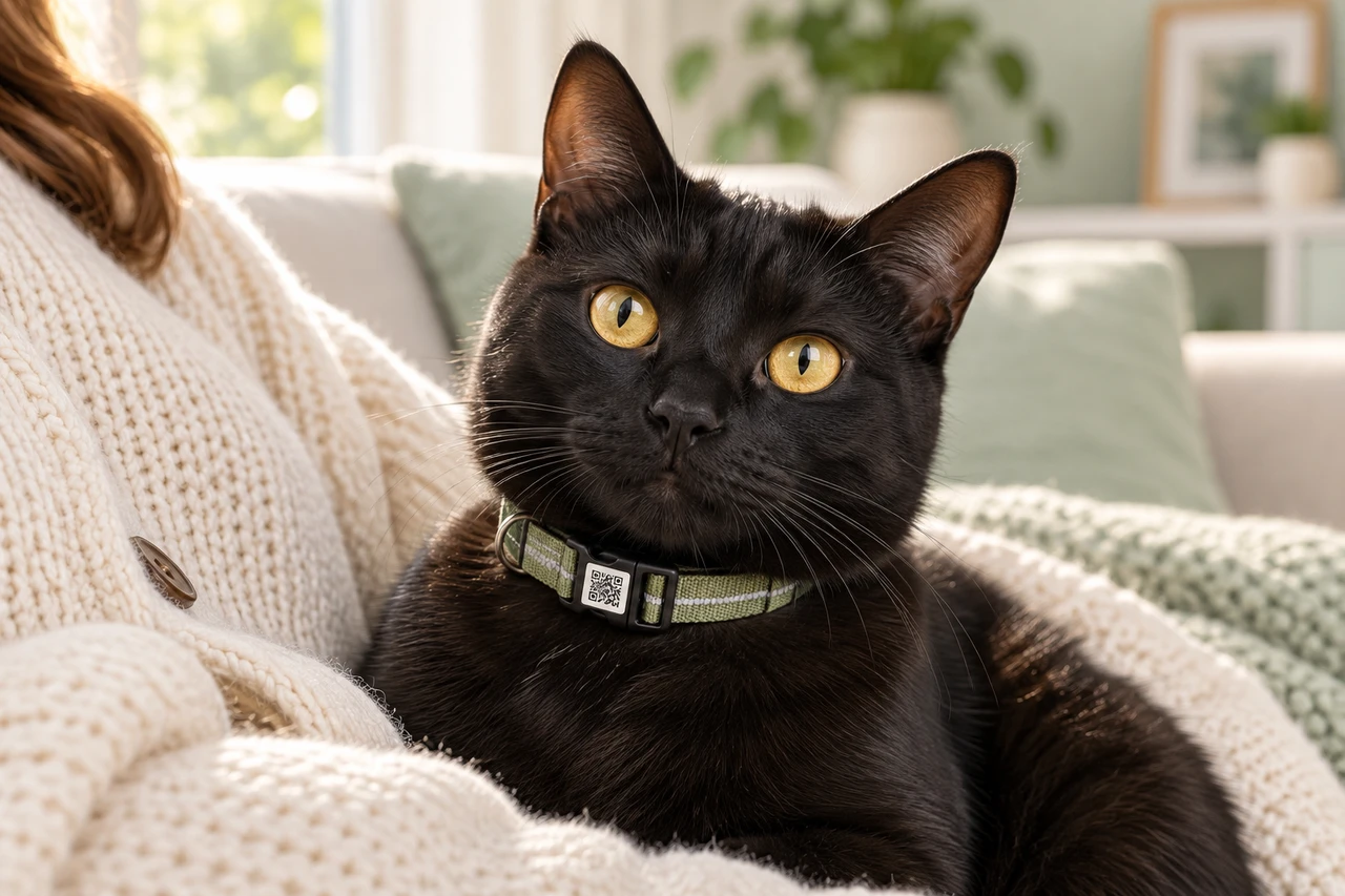 Gato negro con collar verde descansando en el regazo de su responsable. Imagen ilustrativa.