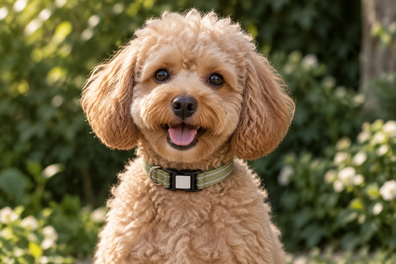 Perro de pelo rizado con collar verde en un jardín. Imagen ilustrativa del collar en desarrollo.