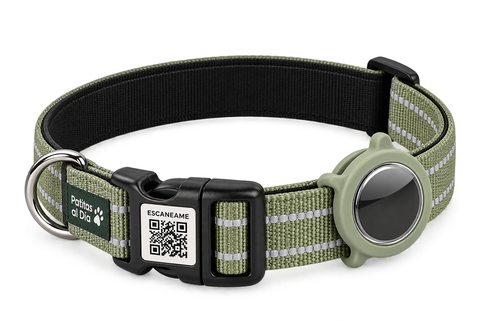 Concepto de collar reflectivo Patitas con QR en la hebilla y soporte independiente para un localizador externo