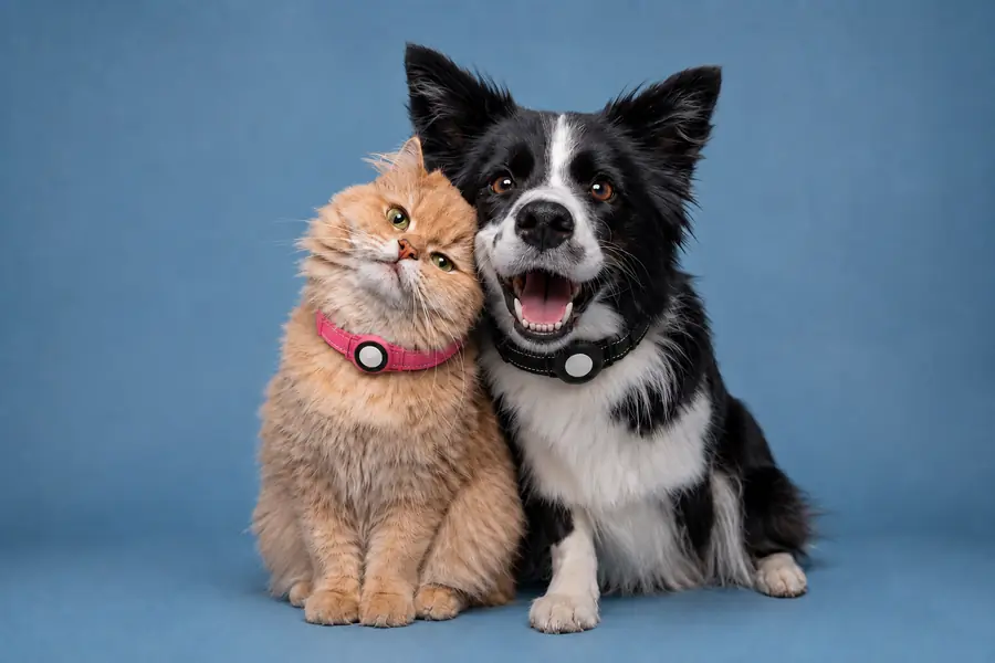 Un perro y un gato con collares de identificación
